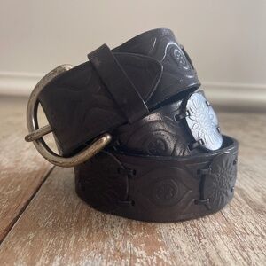 Vintage Fossil Sun Flower Genuine Leather Belt Dark Brown Large Tooled Festival